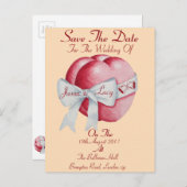 赤いハートは白いリボンを結んだ日付を保存 案内ポストカード (正面/裏面)