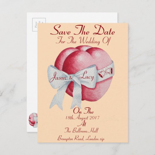 赤いハートは白いリボンを結んだ日付を保存 案内ポストカード (正面/裏面)