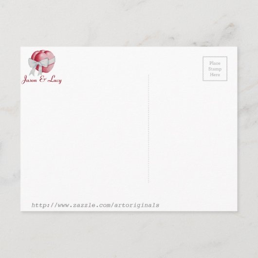 赤いハートは白いリボンを結んだ日付を保存 案内ポストカード (裏面)