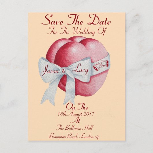赤いハートは白いリボンを結んだ日付を保存 案内ポストカード (正面)
