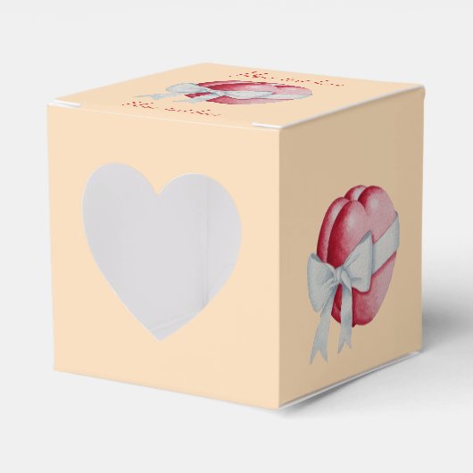 赤いハートは結婚式のために白いリボンで結ばれる フェイバーボックス (正面サイド)