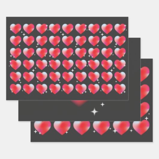 赤いハートは黒い背景、バレンタインデー ラッピングペーパーシート (セット)