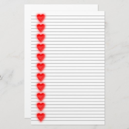 赤いハートひな形 – オプションの線 便箋 (正面/裏面)