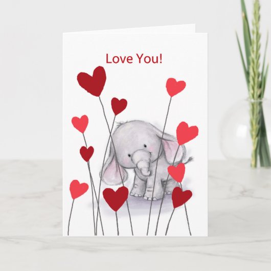 赤いハートを持つ小さくかわいい象は、愛します カード (正面)
