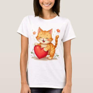 赤いハートを持つ黄色い猫のレディースTシャツ Tシャツ