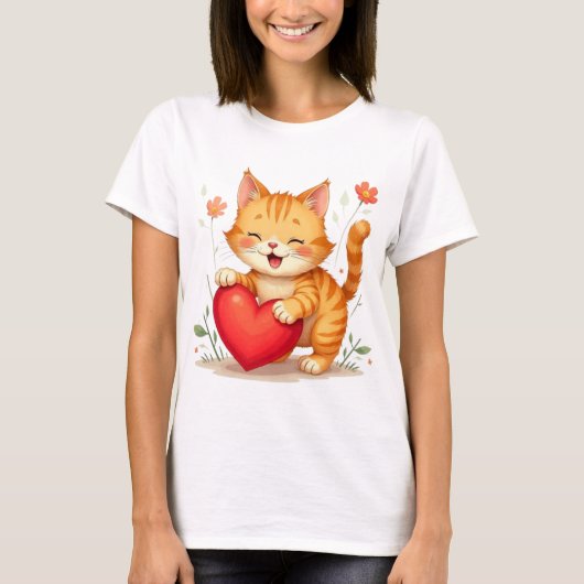 赤いハートを持つ黄色い猫のレディースTシャツ Tシャツ (正面)