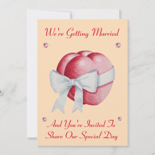 赤いハートを白い弓で結ユニーク結婚ぶ 招待状 (正面)