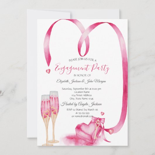 赤いハートエレガントシャンパングラス 招待状 (正面)