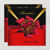 赤いハートエレガント金ゴールドクラスバースデーパーティー2 招待状 (正面/裏面)