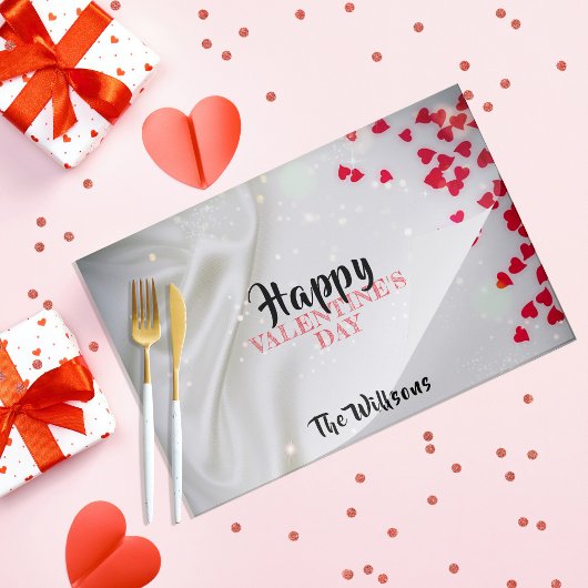 赤いハートオンザホワイトシルクバレンタインランチョンマット ペーパーパッド