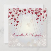 赤いハートオンラジアントホワイト結婚と雪片 招待状 (正面)
