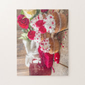 赤いハートカップケーキバラコーヒーバレンタインデー ジグソーパズル (縦)