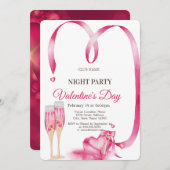 赤いハートグラスバレンタインデーナイトパーティー 招待状 (正面/裏面)