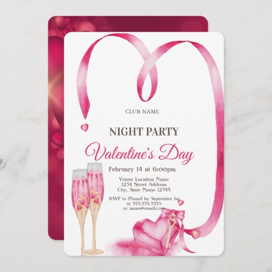 赤いハートグラスバレンタインデーナイトパーティー 招待状 (正面/裏面)