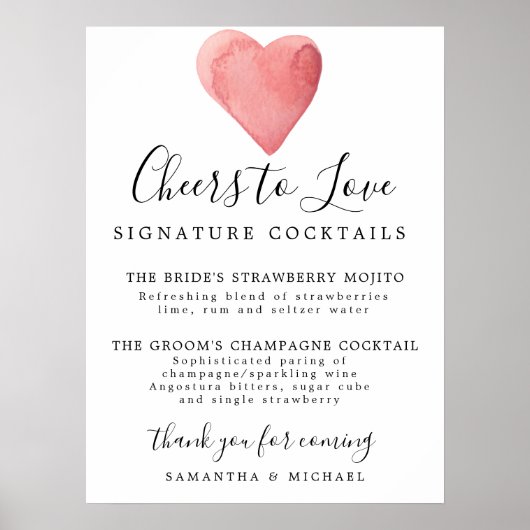 赤いハートシグネチャーカクテル結婚のバー記号 ポスター (正面)