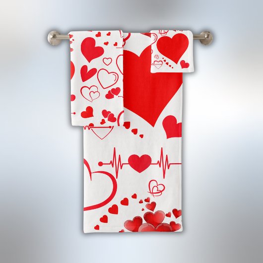 赤いハートシンプルロマンチックラブオンホワイト | バスタオルセット