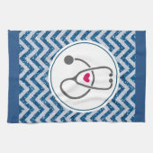 赤いハートシンプル付き灰色の看護聴診器 キッチンタオル (横)