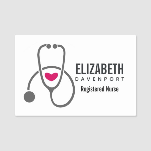 赤いハートシンプル付き灰色の看護聴診器 名札 (正面)