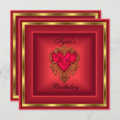 赤いハートジュエルエレガント金ゴールド21歳の誕生日パーティー 招待状 (正面/裏面)