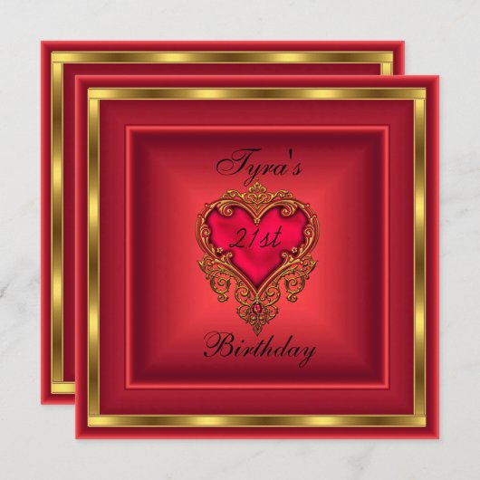 赤いハートジュエルエレガント金ゴールド21歳の誕生日パーティー 招待状 (正面/裏面)