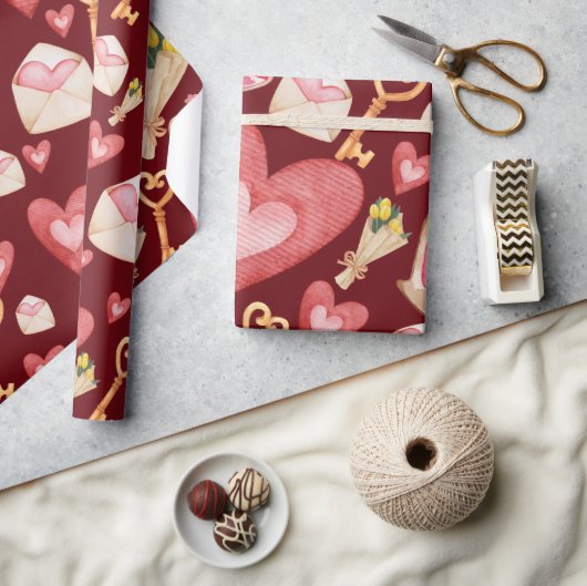 赤いハートスタイル ラッピングペーパー (クラフト)