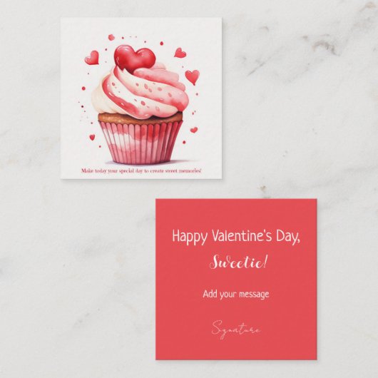 赤いハートズスイートカップケーキバレンタインズデイカード エンクロージャーカード (正面/裏面)