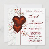 赤いハートダマスクスウィート16バースデーパーティー 招待状 (正面)