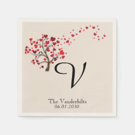赤いハートツリーオンアイボリー結婚ズナプキン スタンダードカクテルナプキン