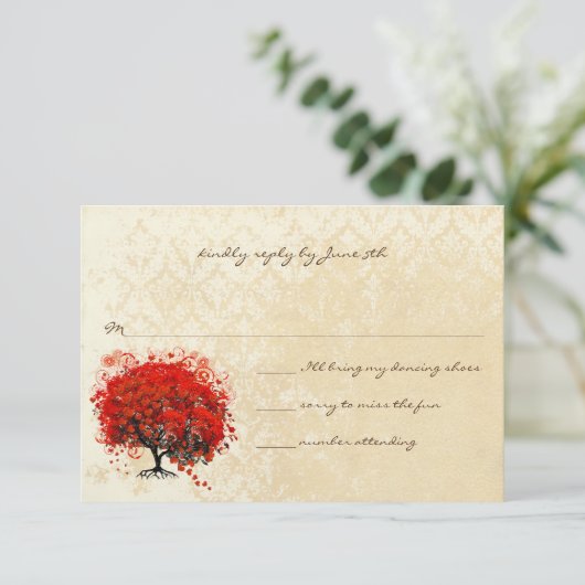 赤いハートツリー紅葉結婚式招待状 出欠カード (スタンド正面)
