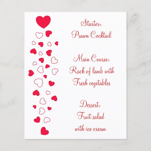赤いハートデザインヴァレンティネス結婚の日のメニュー (裏面)