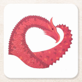 赤いハートドラゴンオンホワイト スクエアペーパーコースター
