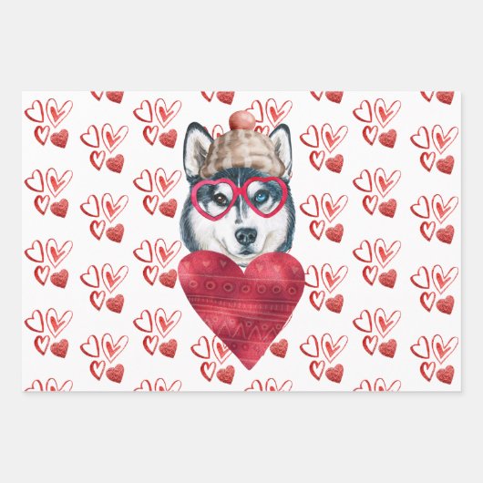 赤いハートハスキー犬の恋人バレンタインギフト ラッピングペーパーシート (正面)