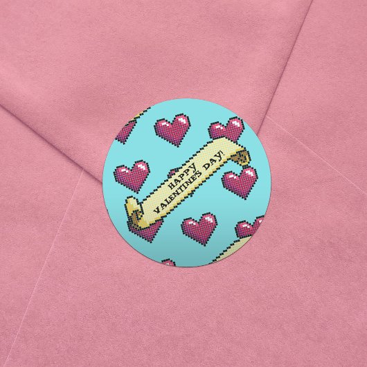 赤いハートハッピーバレンタインデーピクセルアートパターン ラウンドシール