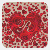 赤いハートバラウェディングRSVP スクエアシール (正面)