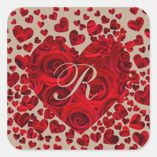 赤いハートバラウェディングRSVP スクエアシール (正面)