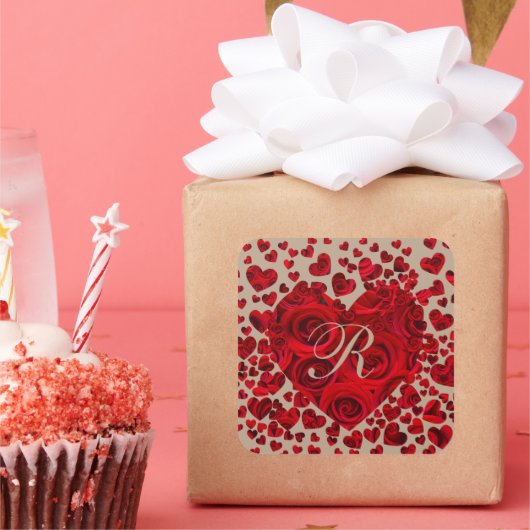 赤いハートバラウェディングRSVP スクエアシール (パーティー)