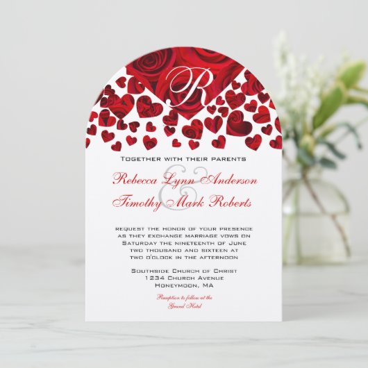 赤いハートバラ結婚式招待状 招待状 (スタンド正面)