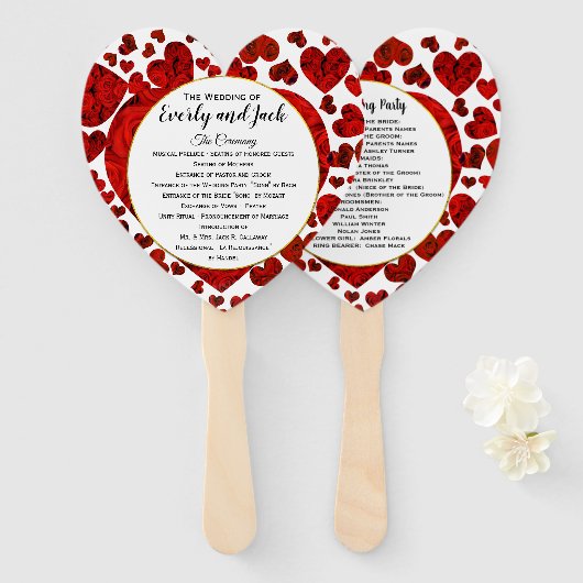 赤いハートバラ結婚式 プログラムエレガント金ゴールド ハンドファン (正面&裏面)