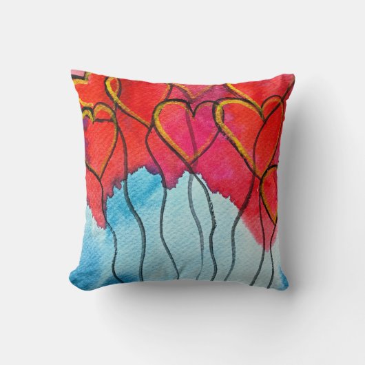 赤いハートバルーンのバレンタインの水色 クッション (正面)