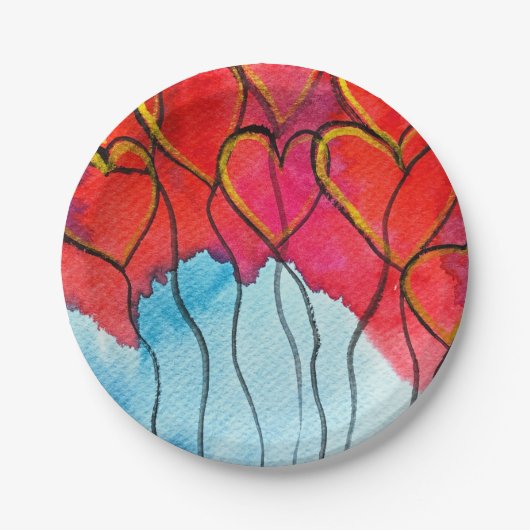 赤いハートバルーンのバレンタインの水色 ペーパープレート (正面)