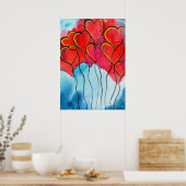 赤いハートバルーンのバレンタインの水色 ポスター (キッチン)