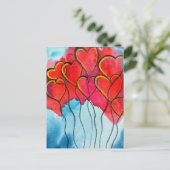 赤いハートバルーンのバレンタインの水色 ポストカード (スタンド正面)