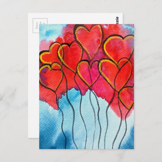 赤いハートバルーンのバレンタインの水色 ポストカード (正面/裏面)