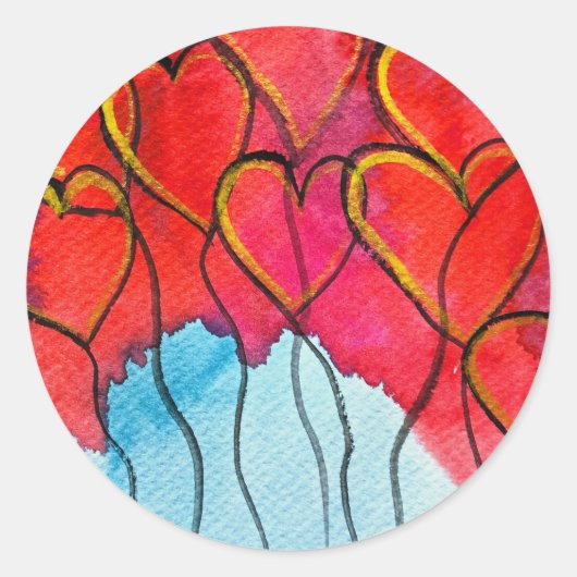 赤いハートバルーンのバレンタインの水色 ラウンドシール (正面)