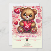 赤いハートバレンタインテディベアバースデーパーティー 招待状 (正面)