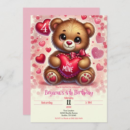 赤いハートバレンタインテディベアバースデーパーティー 招待状 (正面/裏面)