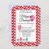 赤いハートバレンタイン誕生日パーティー 招待状 (正面/裏面)