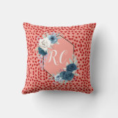 赤いハートパターンと青フローラ モノグラムの クッション (裏面)
