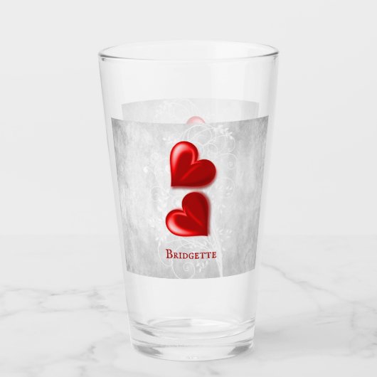 赤いハートパーソナライズされたガラスカップ タンブラーグラス (正面)