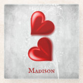 赤いハートパーソナライズされたガラスコースター ガラスコースター (正面)